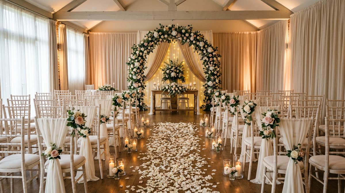 An empty ceremony room with white chairs, a petal-strewn aisle, lanterns and a floral arch.