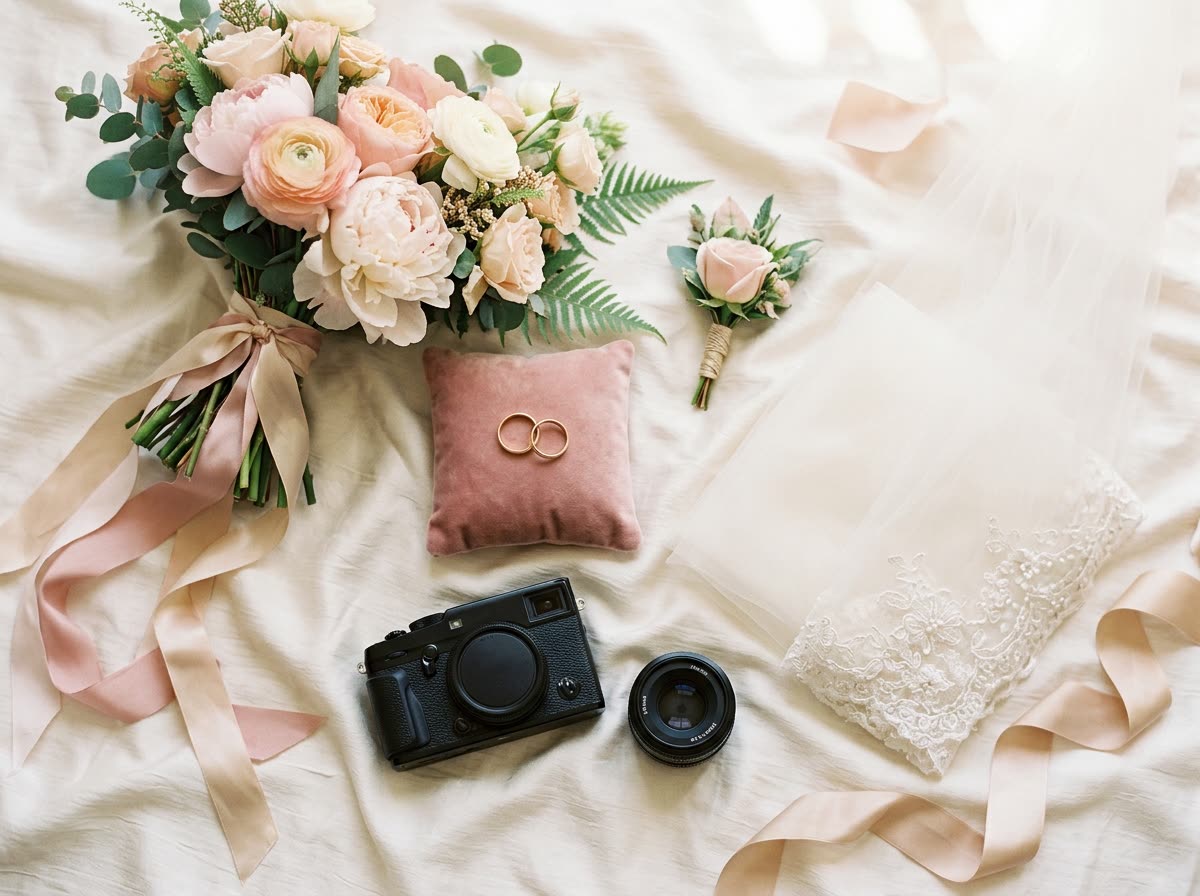 A bouquet, two gold bands on a cushion, a boutonniere, ribbon and a camera on ivory silk.