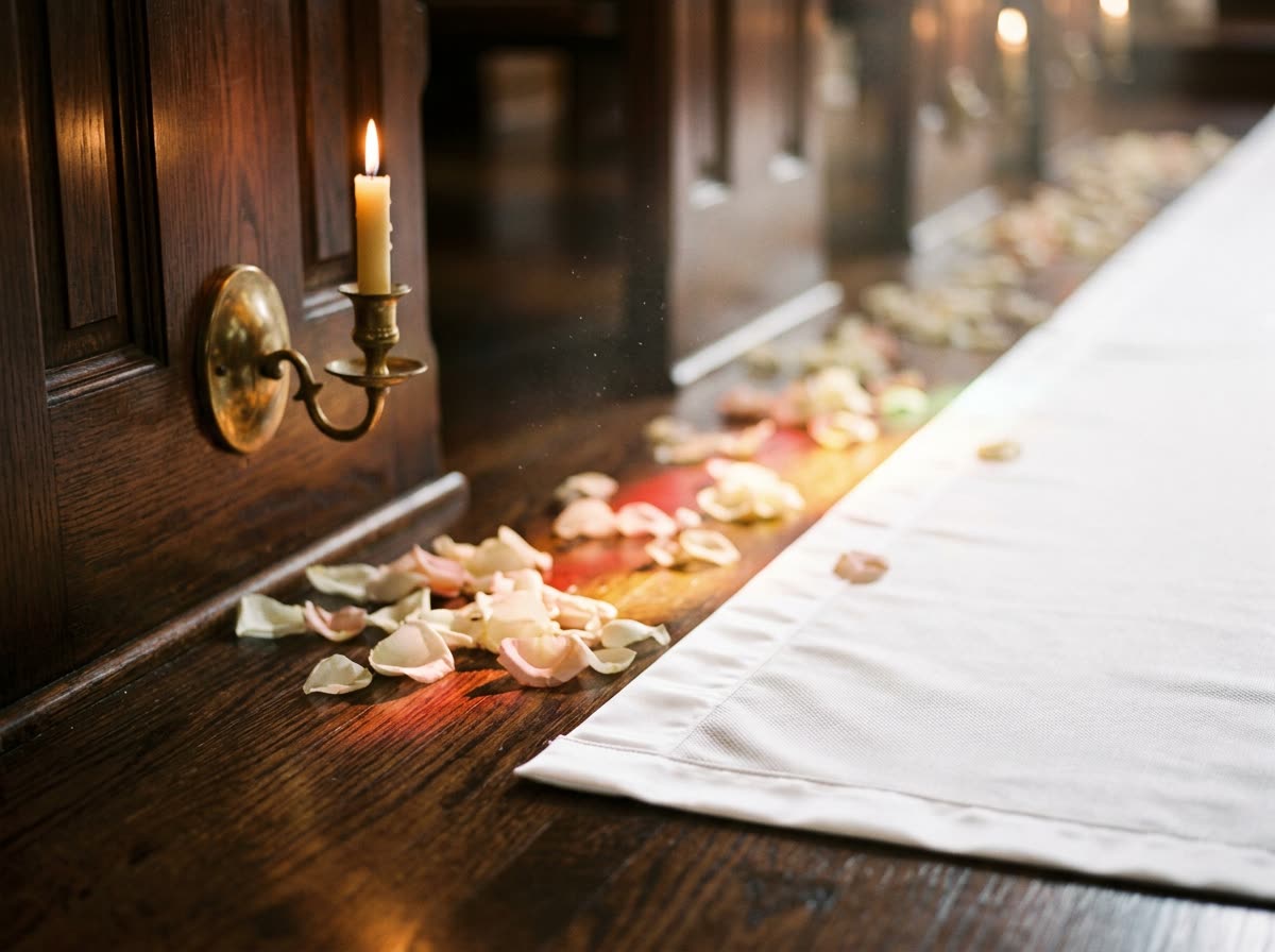 A brass candle sconce, a satin aisle runner edge and rose petals on a wooden floor.