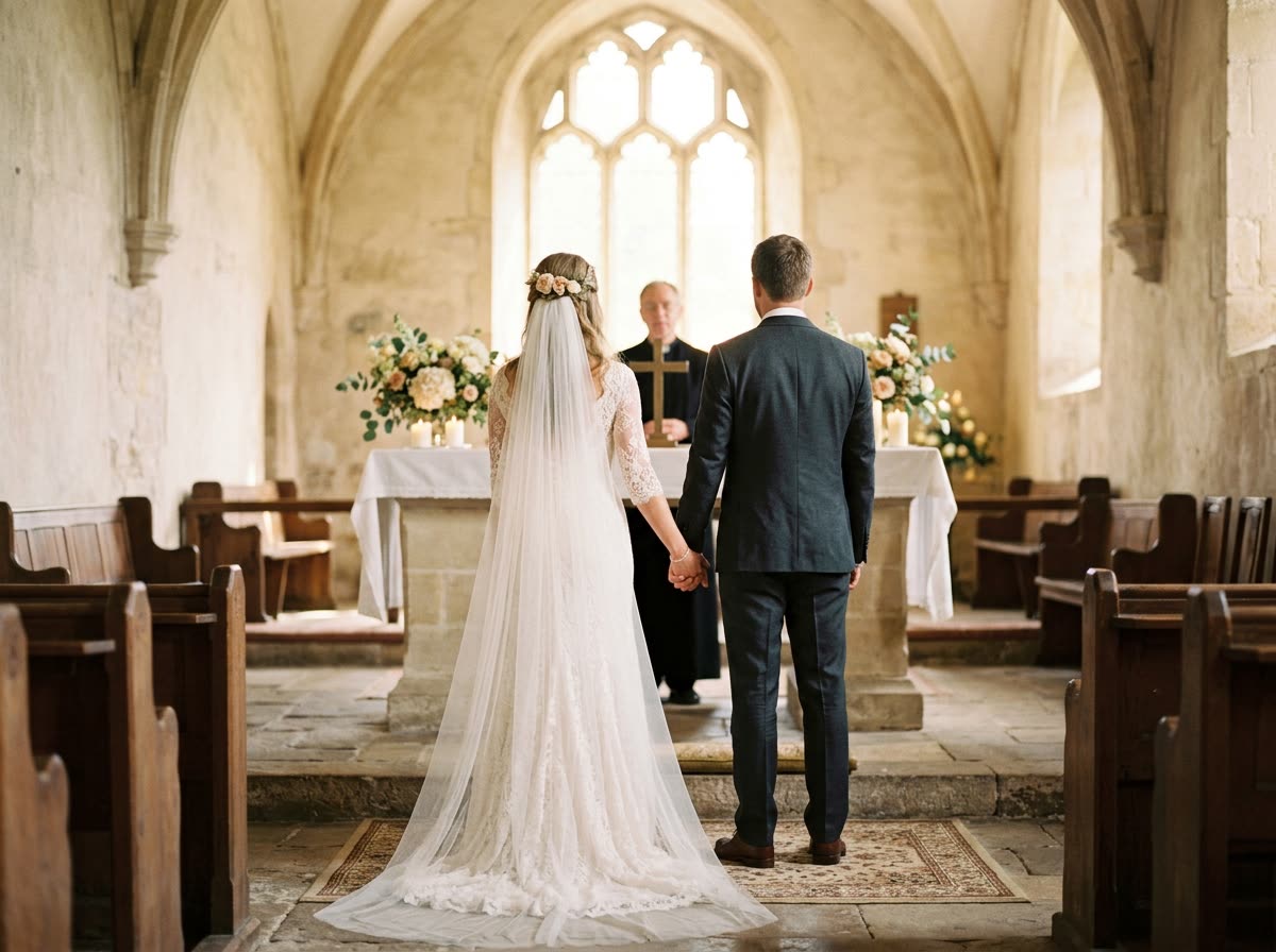 A couple seen from behind with joined hands standing at a chapel altar.