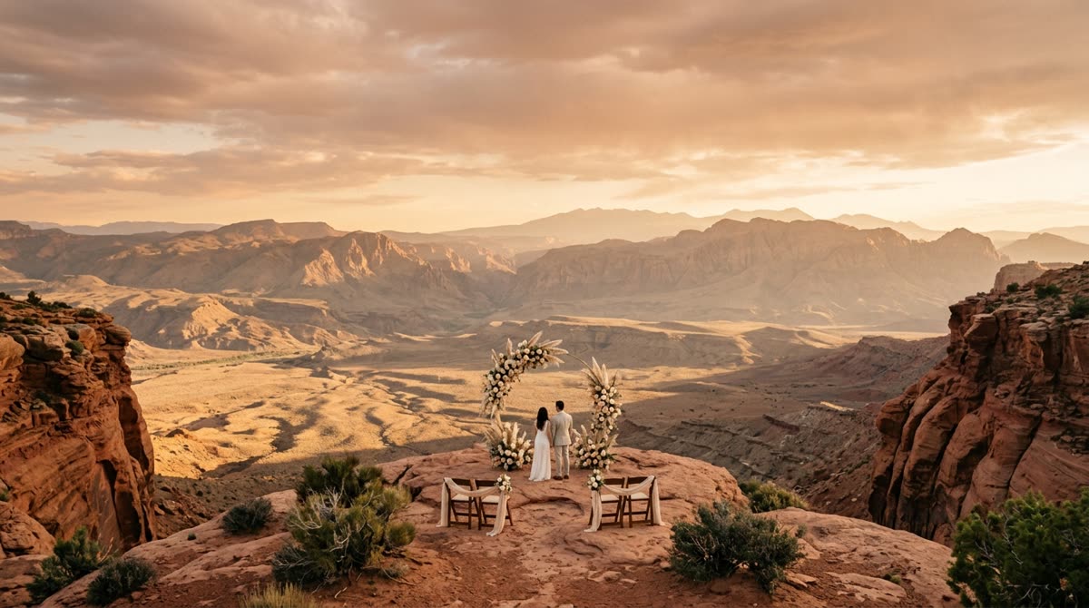 A slim floral arch on a desert overlook at sunset with distant mountain ridges.