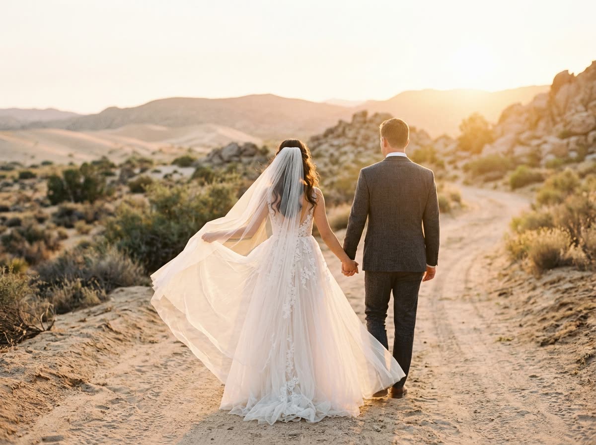 A couple walking away hand in hand along a desert path at sunset, veil lifting in the wind.