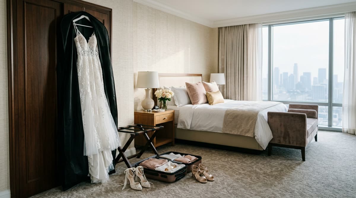 A hotel suite with a white dress in an open garment bag, a suitcase and a window over a skyline.