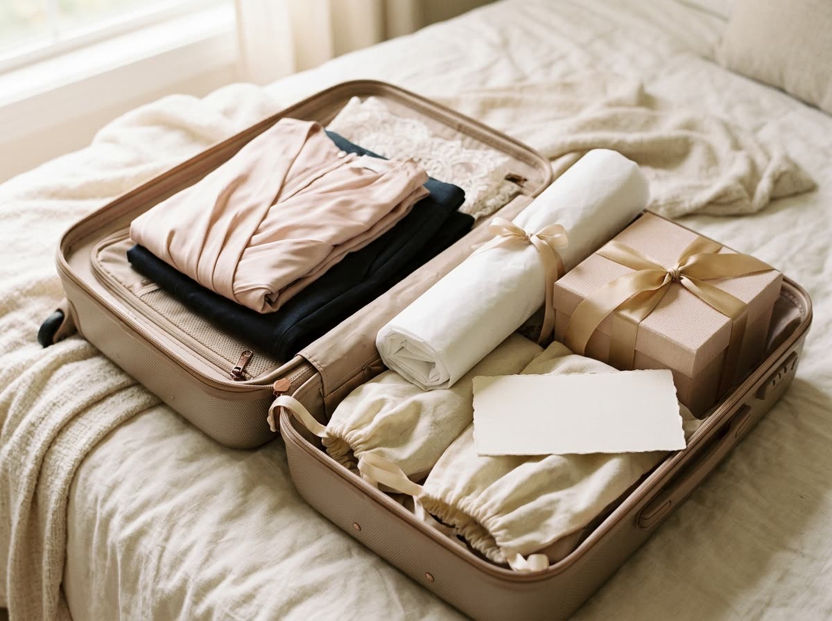 An open suitcase with folded formalwear, a rolled veil, a flower box and shoes in dust bags.